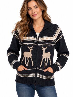 Triple Five Soul XL Deer Fair Isle Zip-Up Knit Cardigan Sweater